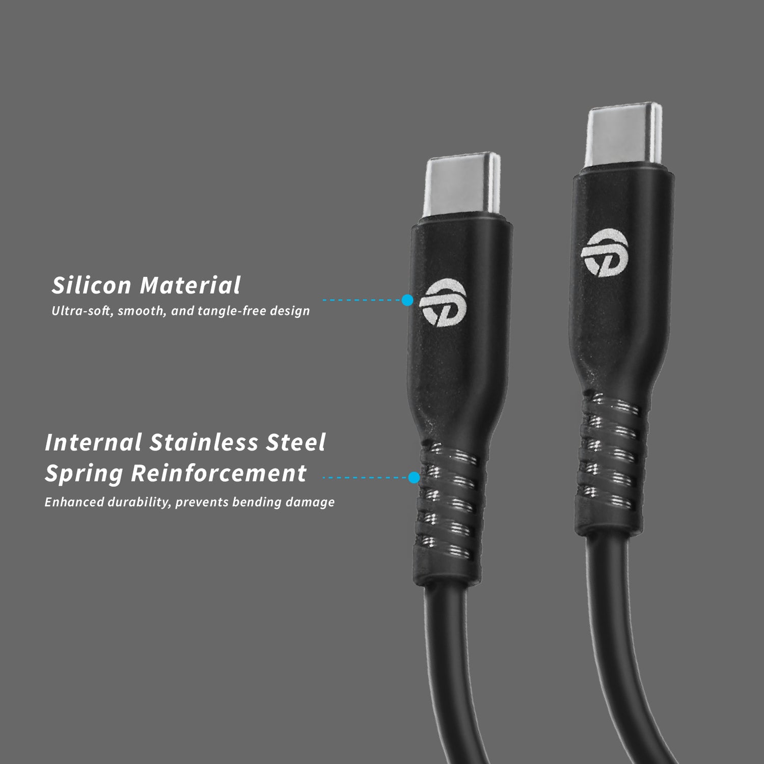 USB-C to USB-C Silicone Cable (3A/60W) – Reinforced with Internal Spring Protection