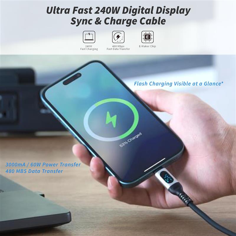 USB-C to USB-C 240W Digital Screen Silicone Cable – Reinforced with Internal Spring Protection