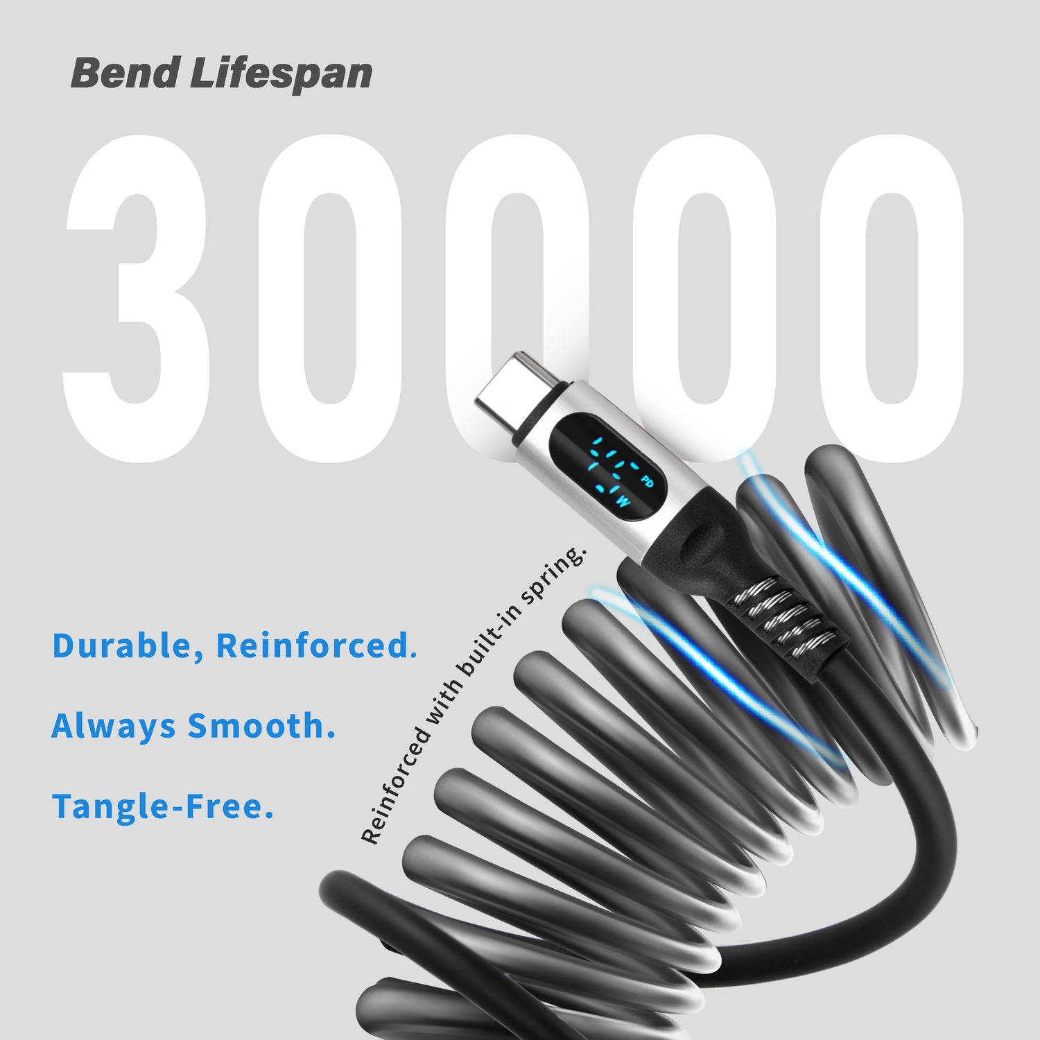 USB-C to USB-C 240W Digital Screen Silicone Cable – Reinforced with Internal Spring Protection