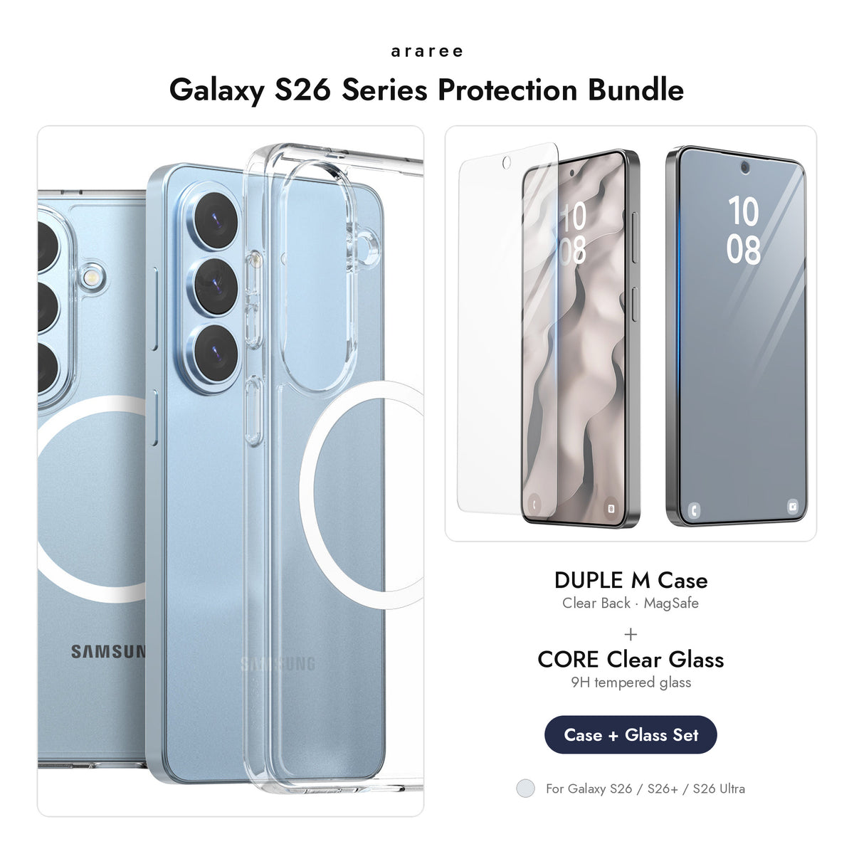 araree Galaxy S26 Series Protection Bundle — DUPLE M case + CORE Clear glass