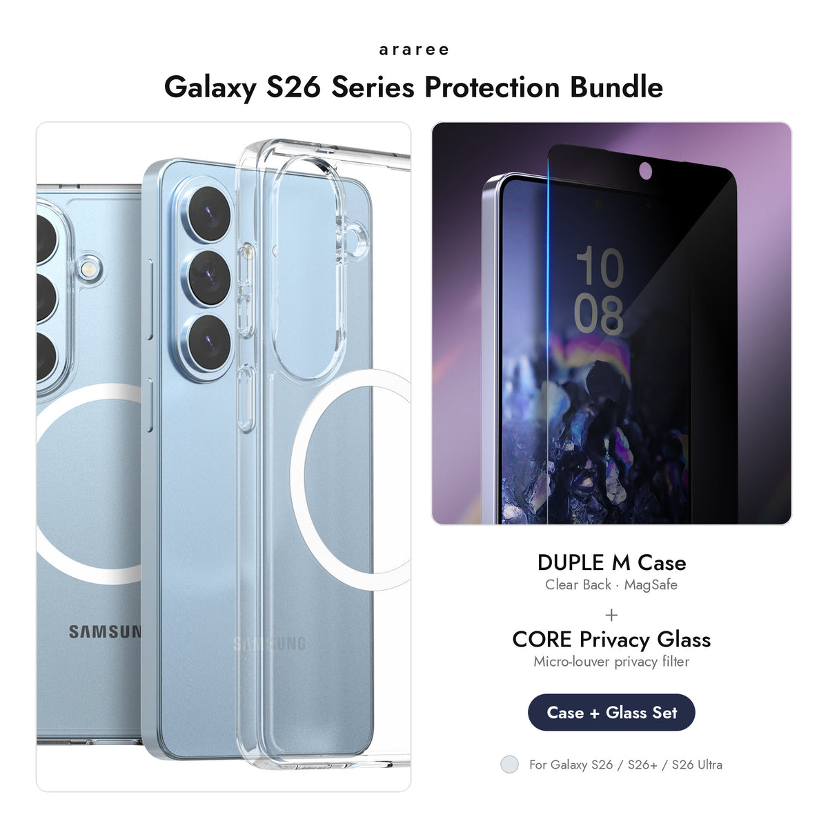 araree Galaxy S26 Series Protection Bundle — DUPLE M case + CORE Privacy glass