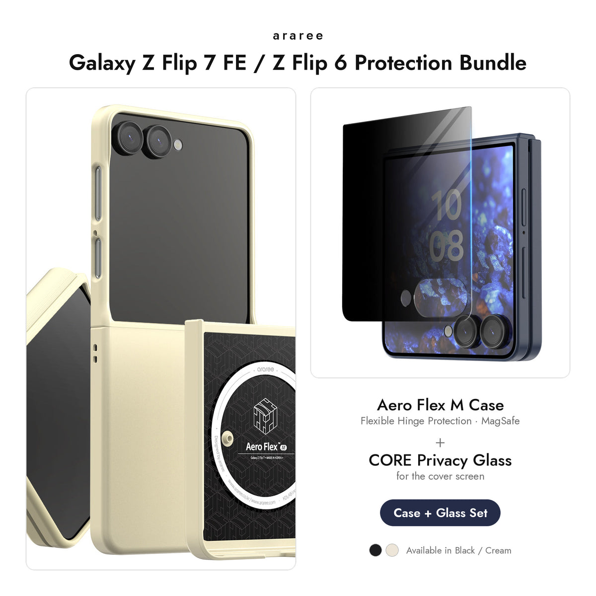 araree Galaxy Z Flip 7 FE / Z Flip 6 Protection Bundle — Aero Flex M case + CORE Privacy glass