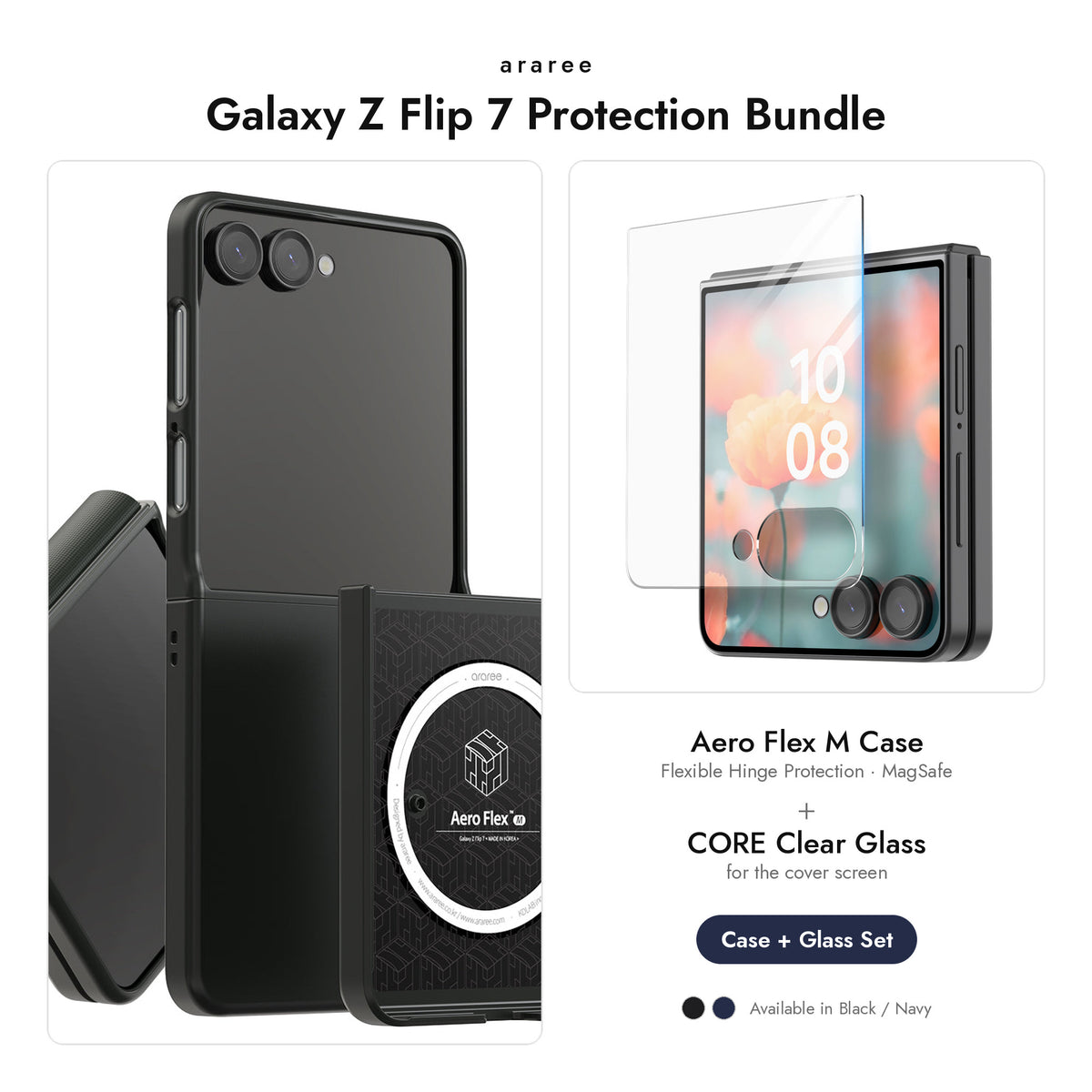 araree Galaxy Z Flip 7 Protection Bundle — Aero Flex M case + CORE Clear glass