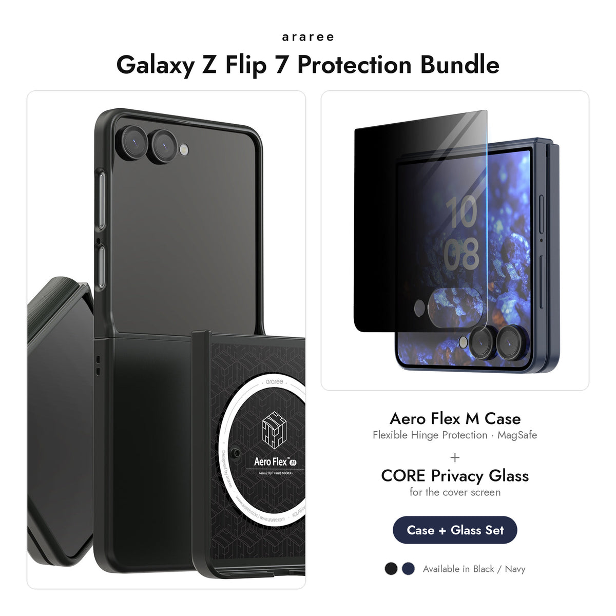 araree Galaxy Z Flip 7 Protection Bundle — Aero Flex M case + CORE Privacy glass