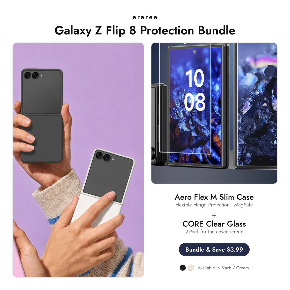 araree Galaxy Z Flip 8 Protection Bundle — Aero Flex M Slim case + CORE Clear glass, Black / Cream
