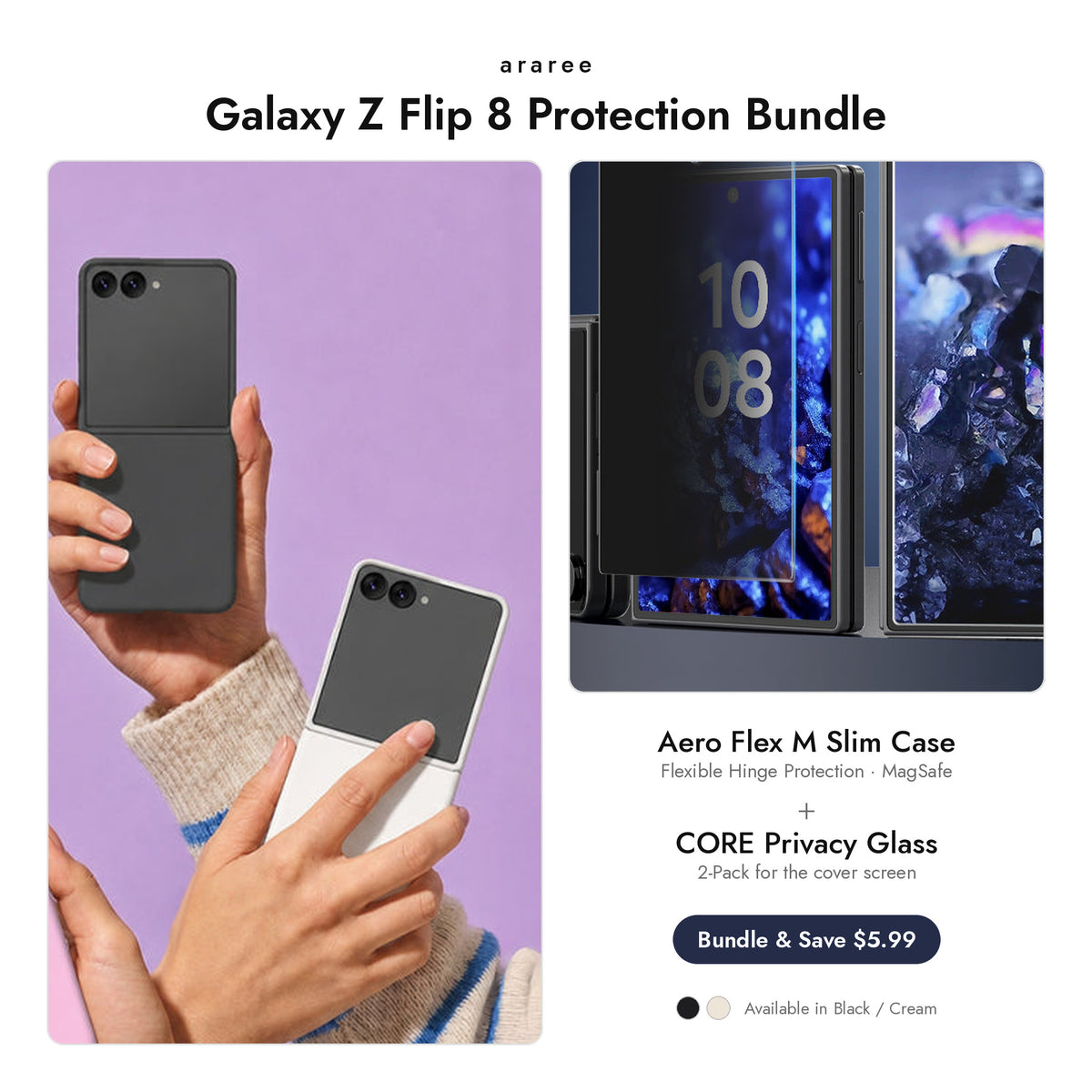 araree Galaxy Z Flip 8 Protection Bundle — Aero Flex M Slim case + CORE Privacy glass, Black / Cream