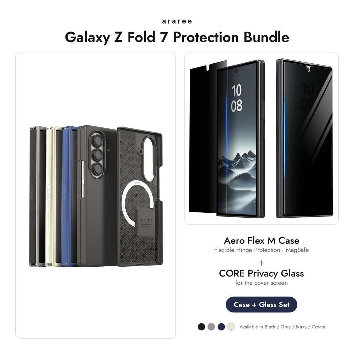 araree Galaxy Z Fold 7 Protection Bundle — Aero Flex M case + CORE Privacy glass