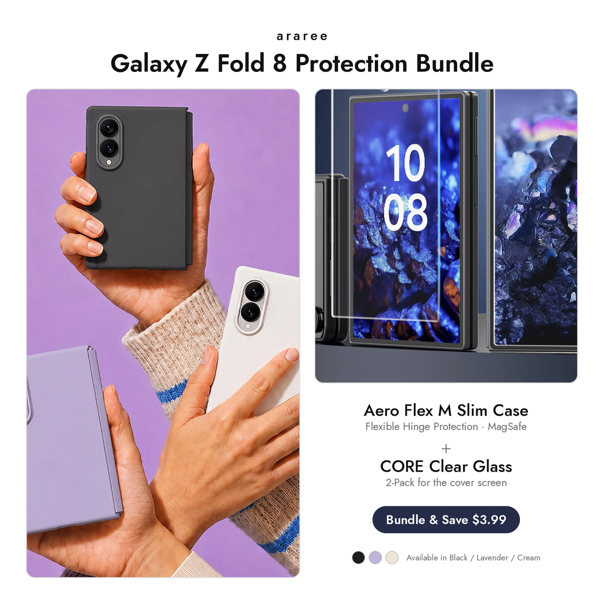 araree Galaxy Z Fold 8 Protection Bundle — Aero Flex M Slim case + CORE Clear glass, Black / Lavender / Cream