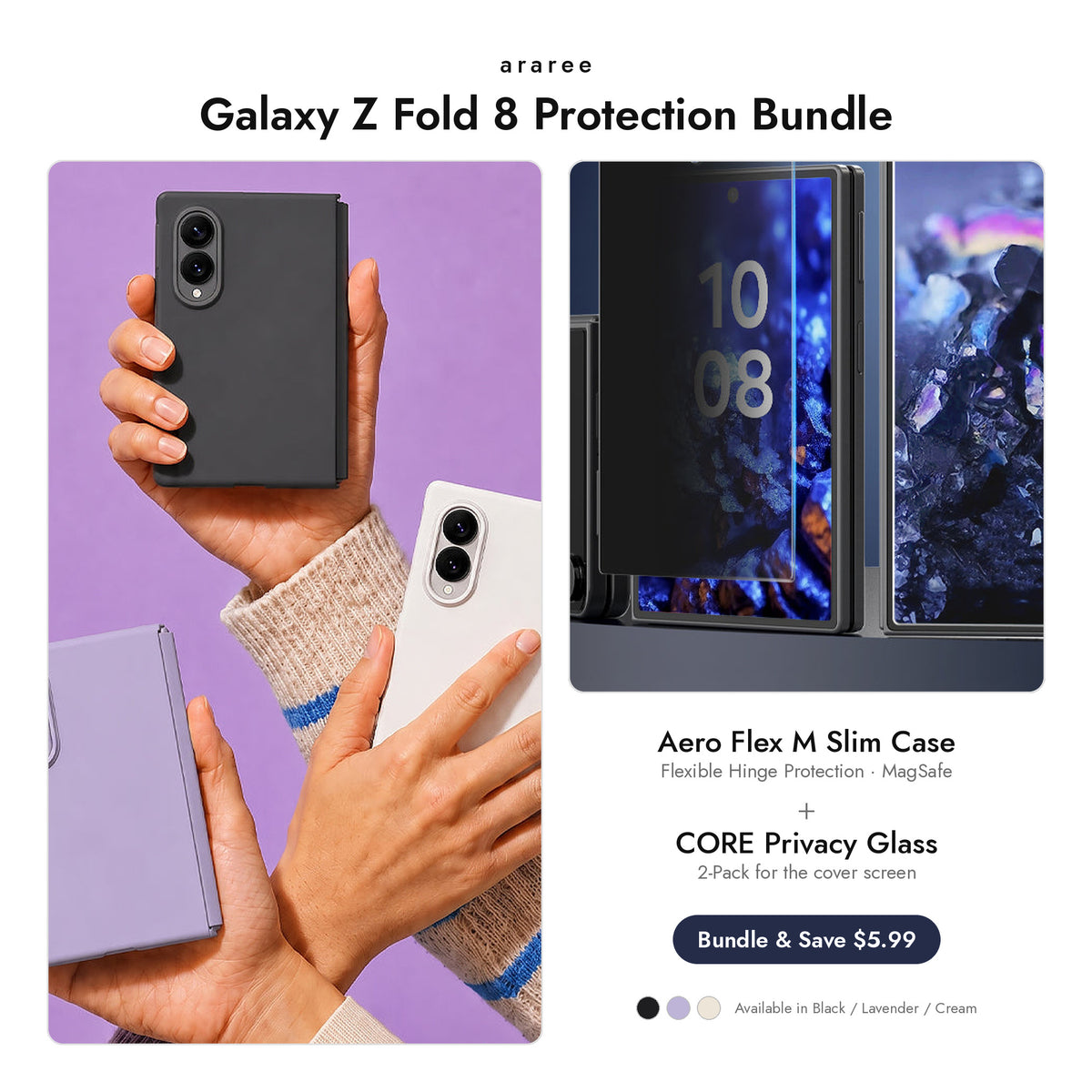 araree Galaxy Z Fold 8 Protection Bundle — Aero Flex M Slim case + CORE Privacy glass, Black / Lavender / Cream