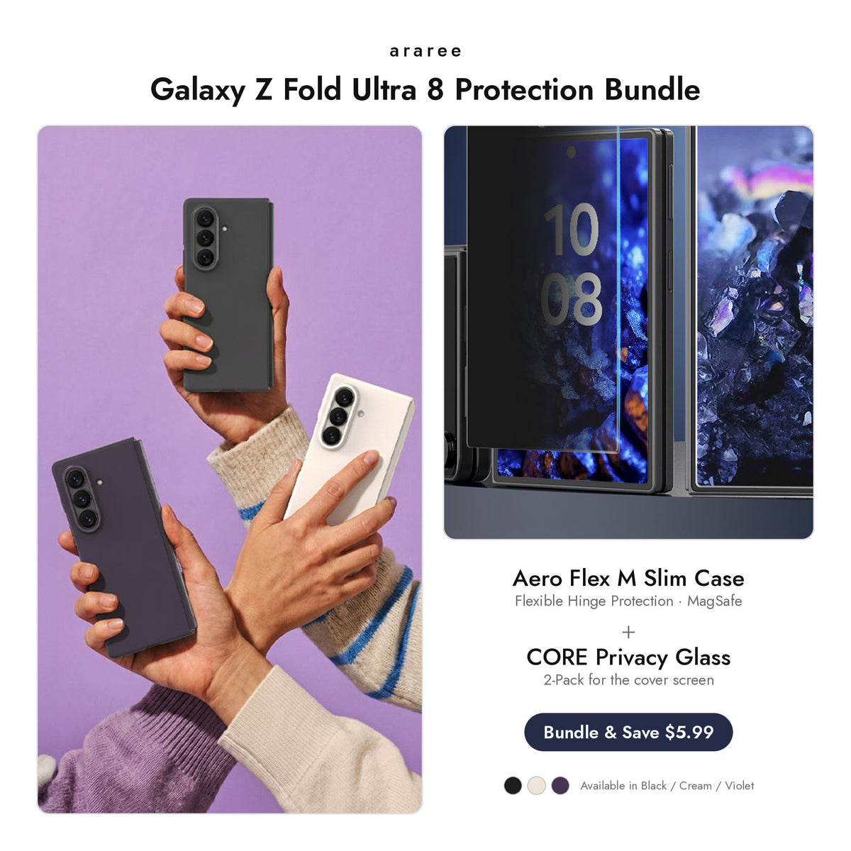 araree Galaxy Z Fold Ultra 8 Protection Bundle — Aero Flex M Slim case + CORE Privacy glass, Black / Cream / Violet