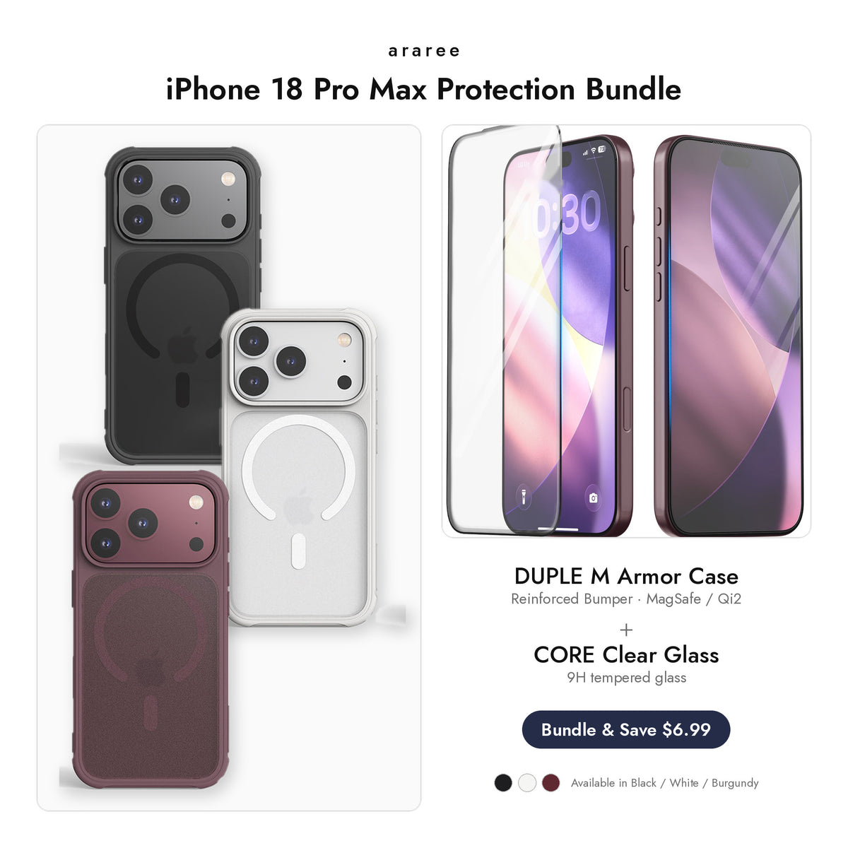 araree iPhone 18 Pro Max Protection Bundle — DUPLE M Armor case + CORE Clear glass, Black / White / Burgundy