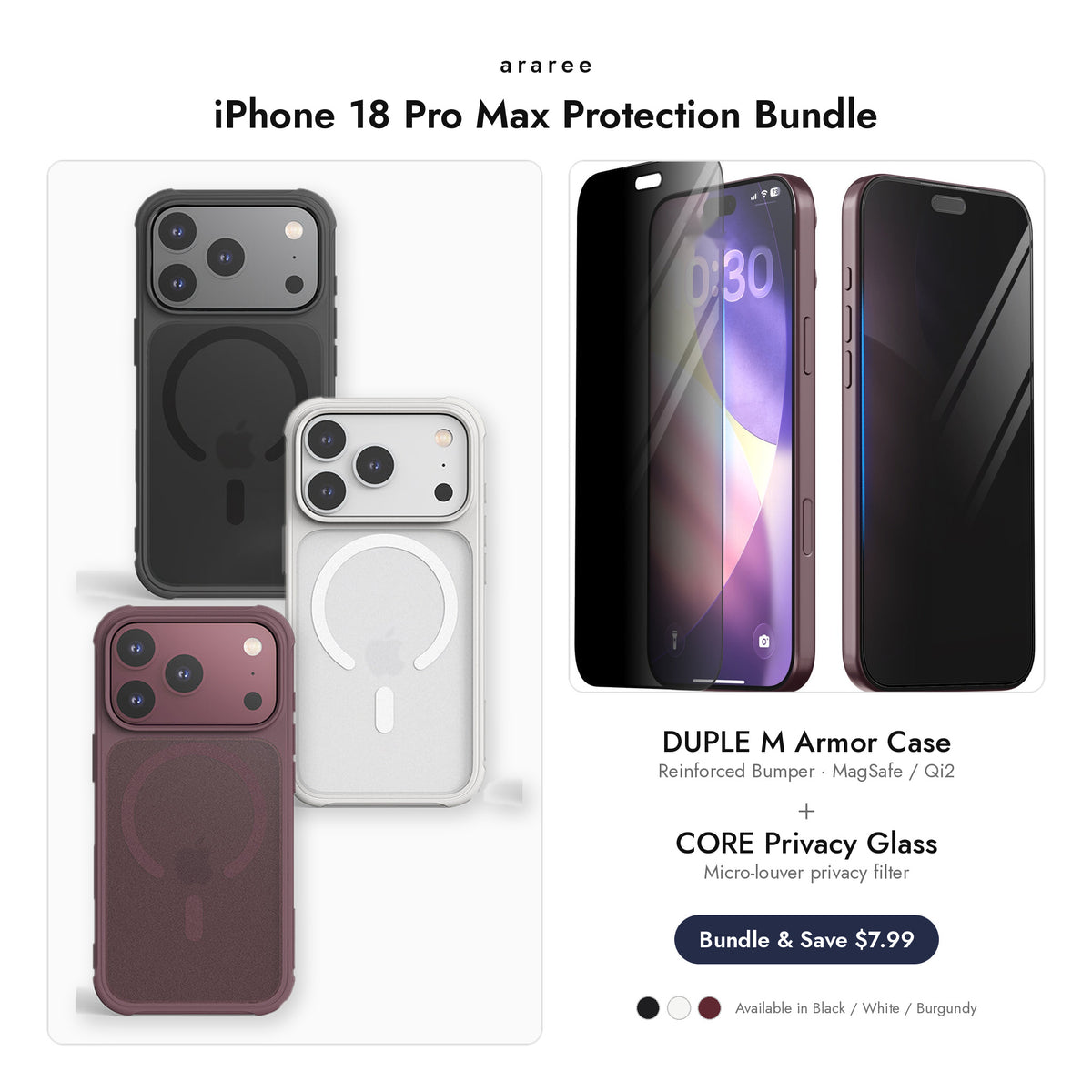 araree iPhone 18 Pro Max Protection Bundle — DUPLE M Armor case + CORE Privacy glass, Black / White / Burgundy
