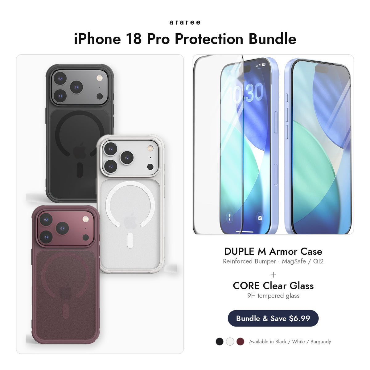 araree iPhone 18 Pro Protection Bundle — DUPLE M Armor case + CORE Clear glass, Black / White / Burgundy