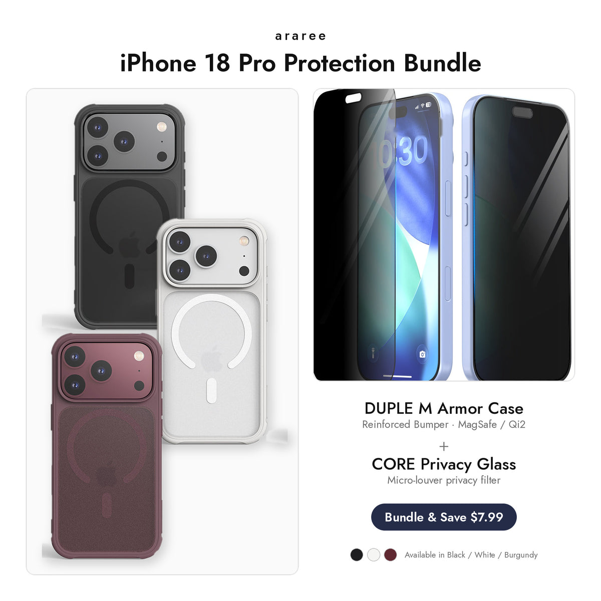 araree iPhone 18 Pro Protection Bundle — DUPLE M Armor case + CORE Privacy glass, Black / White / Burgundy