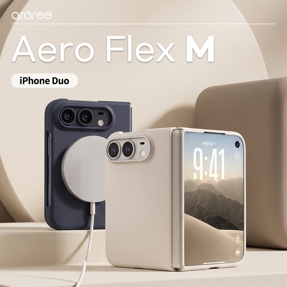 araree Aero Flex M iPhone Duo MagSafe case lifestyle — Dark Blue charging and Cream hinge view