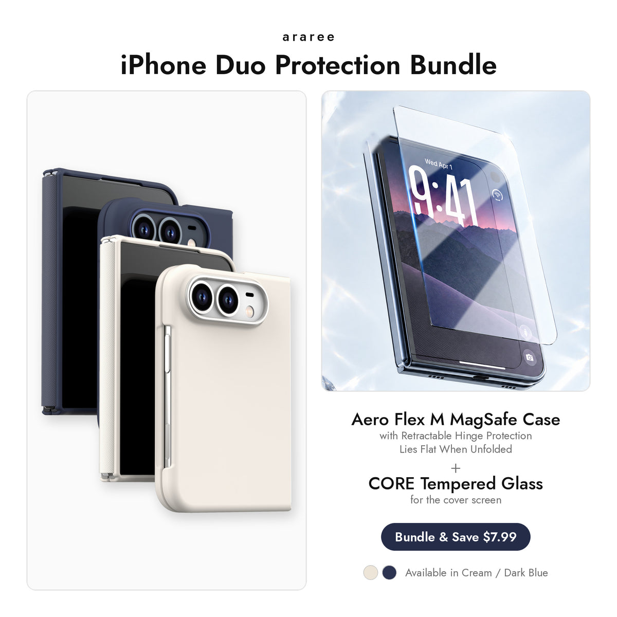 araree iPhone Duo Protection Bundle — Aero Flex M MagSafe case + CORE Tempered Glass, Cream / Dark Blue