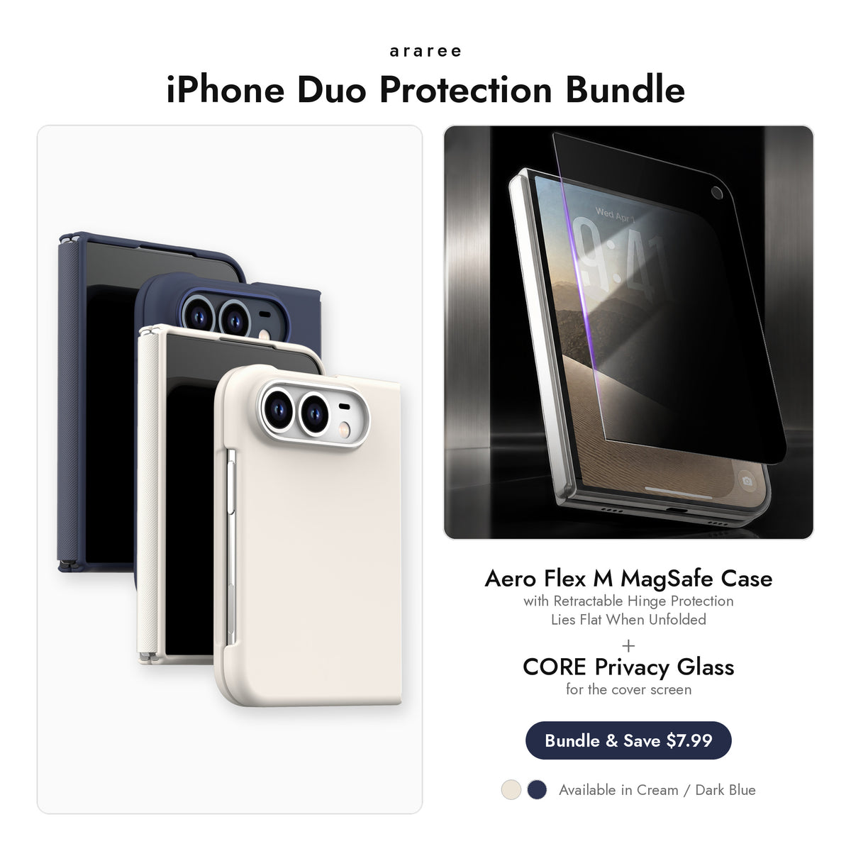 araree iPhone Duo Protection Bundle — Aero Flex M MagSafe case + CORE Privacy Glass, Cream / Dark Blue