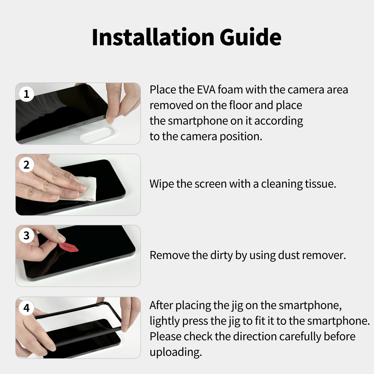 araree CORE PRIVACY iPhone Duo installation guide steps 1–4