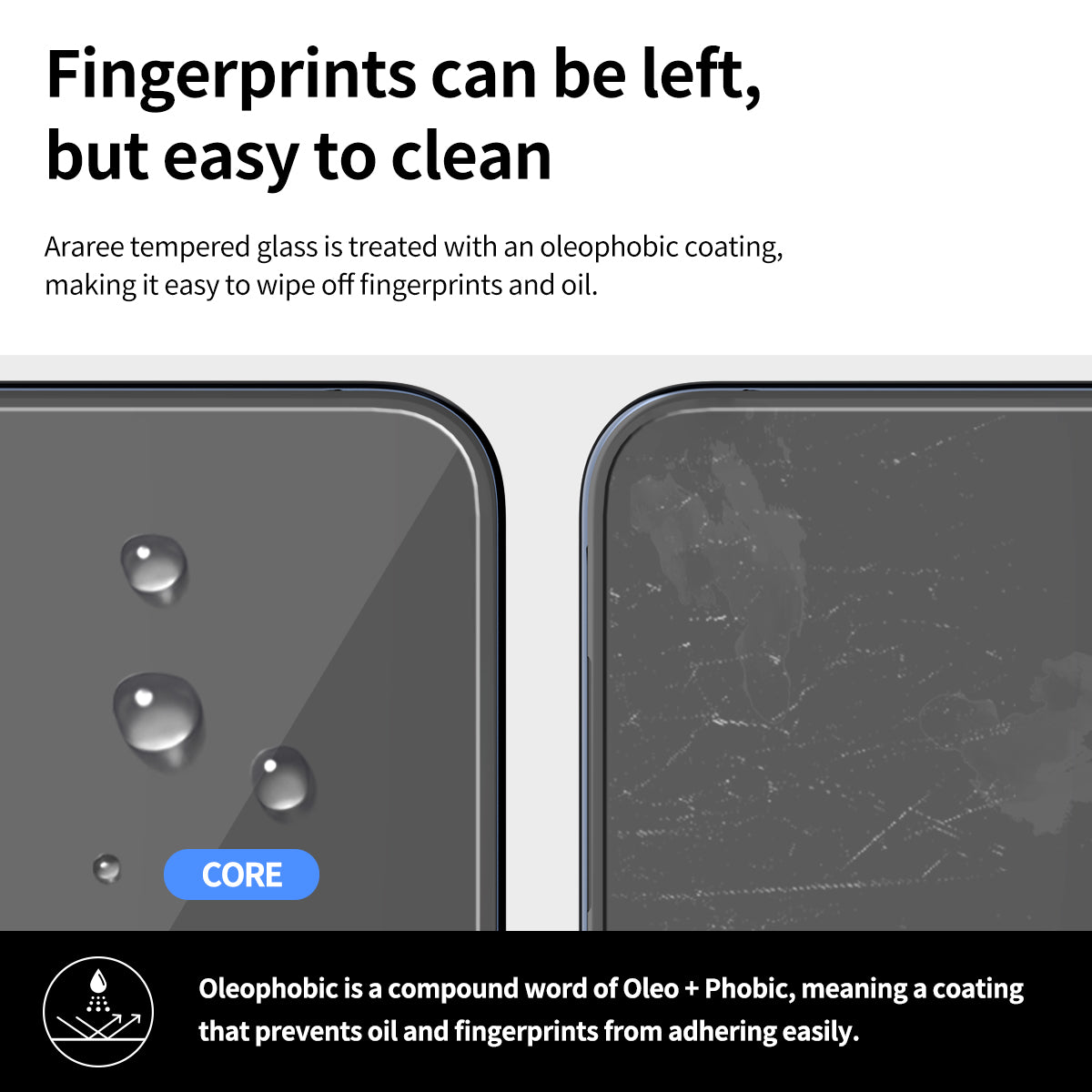 araree CORE iPhone Duo oleophobic coating fingerprint wipe demo