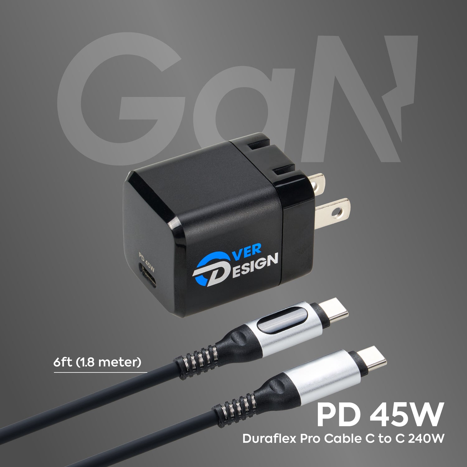 PD45W Ultra-Compact Charger & Duraflex Pro Digital Screen Silicone Cable - 240W