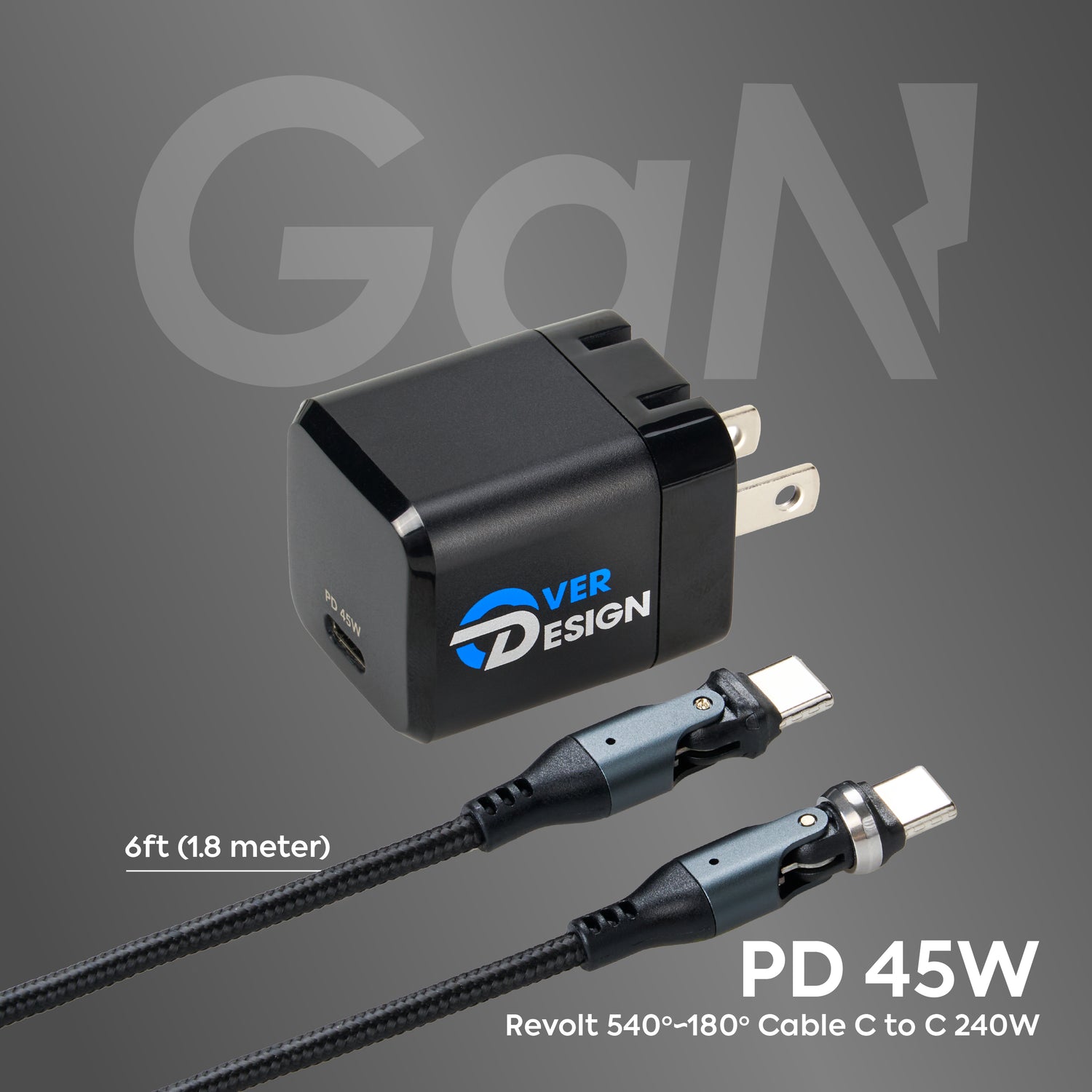 PD45W Ultra-Compact Charger & Revolt 540+180 Rotation Cable - 60W