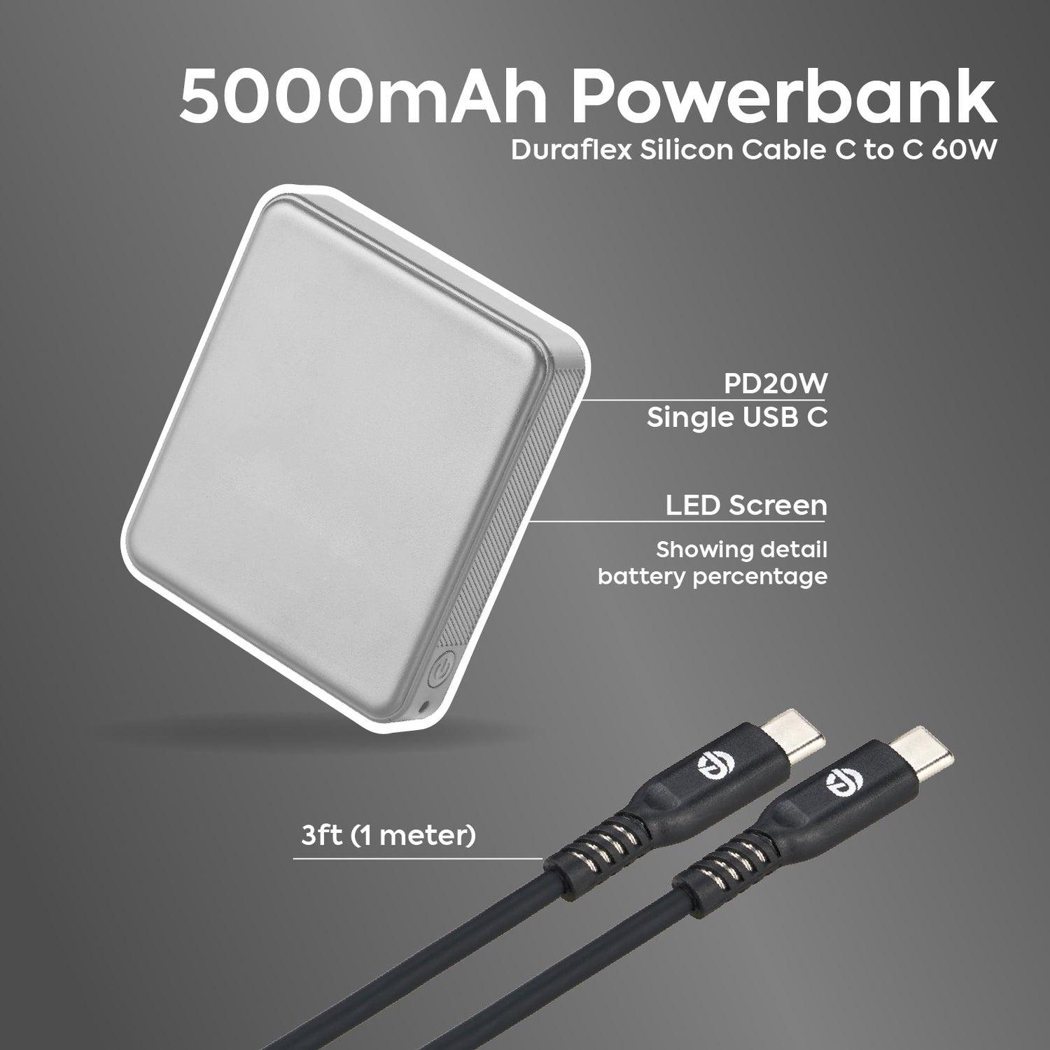 Cubie 5000mAh PD20W Powerbank + Duraflex Silicone Cable - 60W