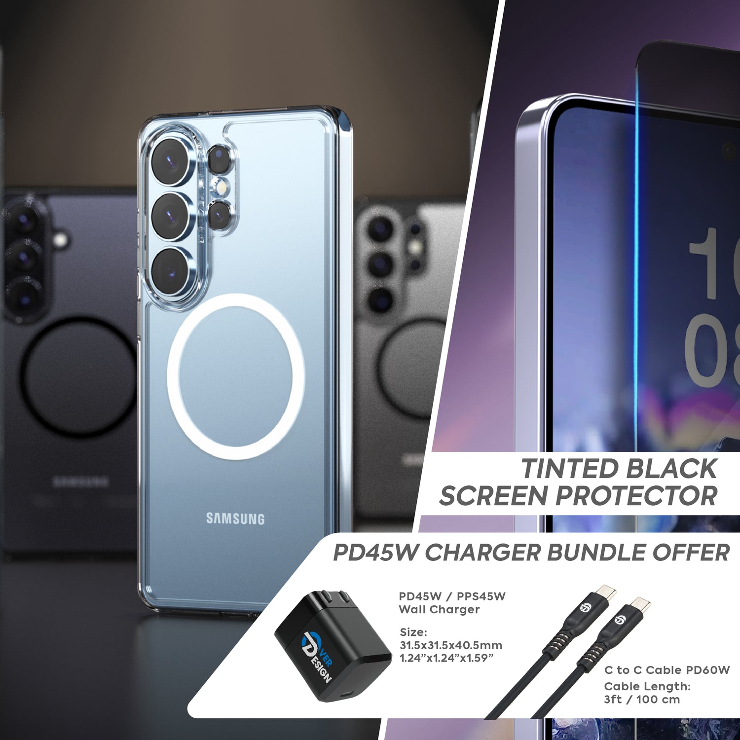 BUNDLE - Galaxy S26 Series Duple M | Phone Case + Screen Protector Privacy Black + Lens Protector + PD45W Wall Charger