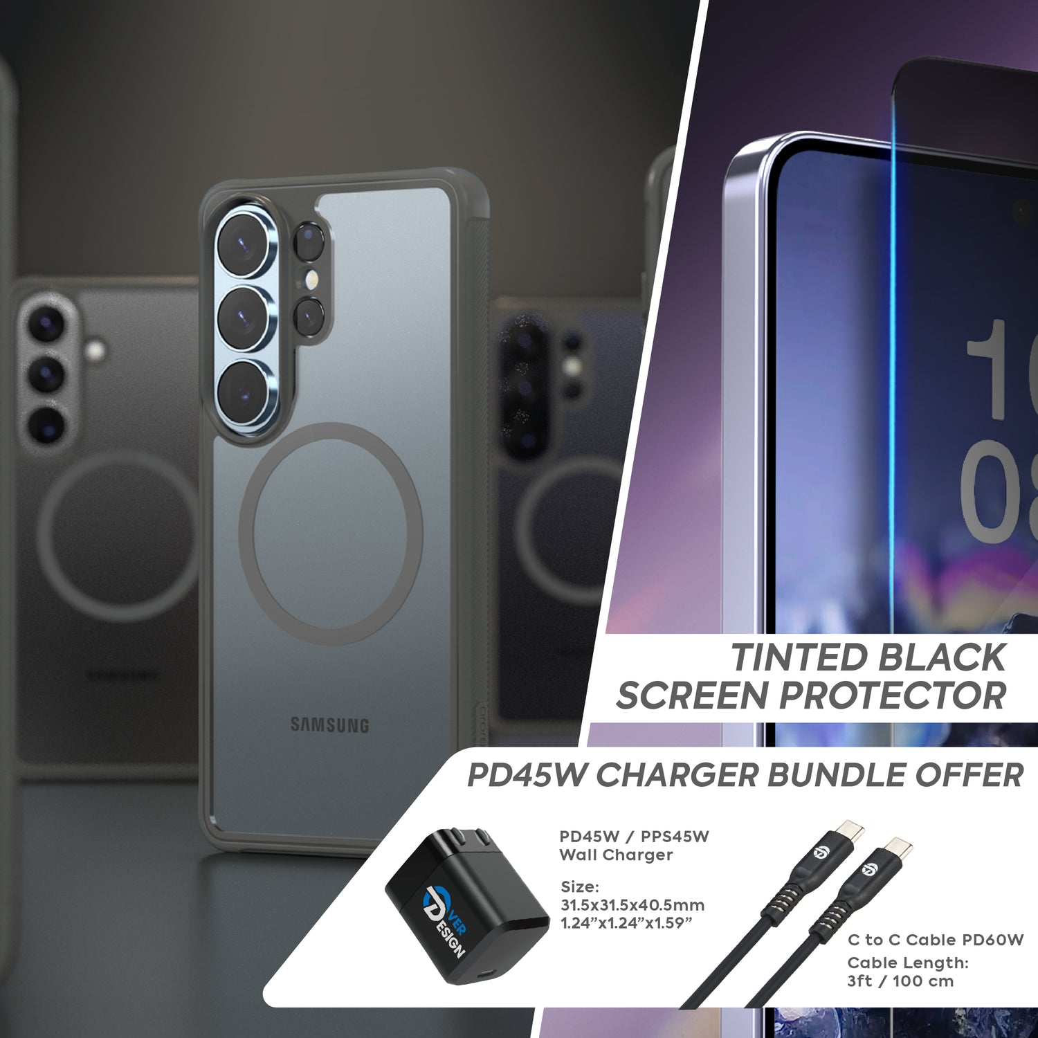 BUNDLE - Galaxy S26 Series Duple M Armor | Phone Case + Screen Protector Privacy Black + Lens Protector + PD45W Wall Charger