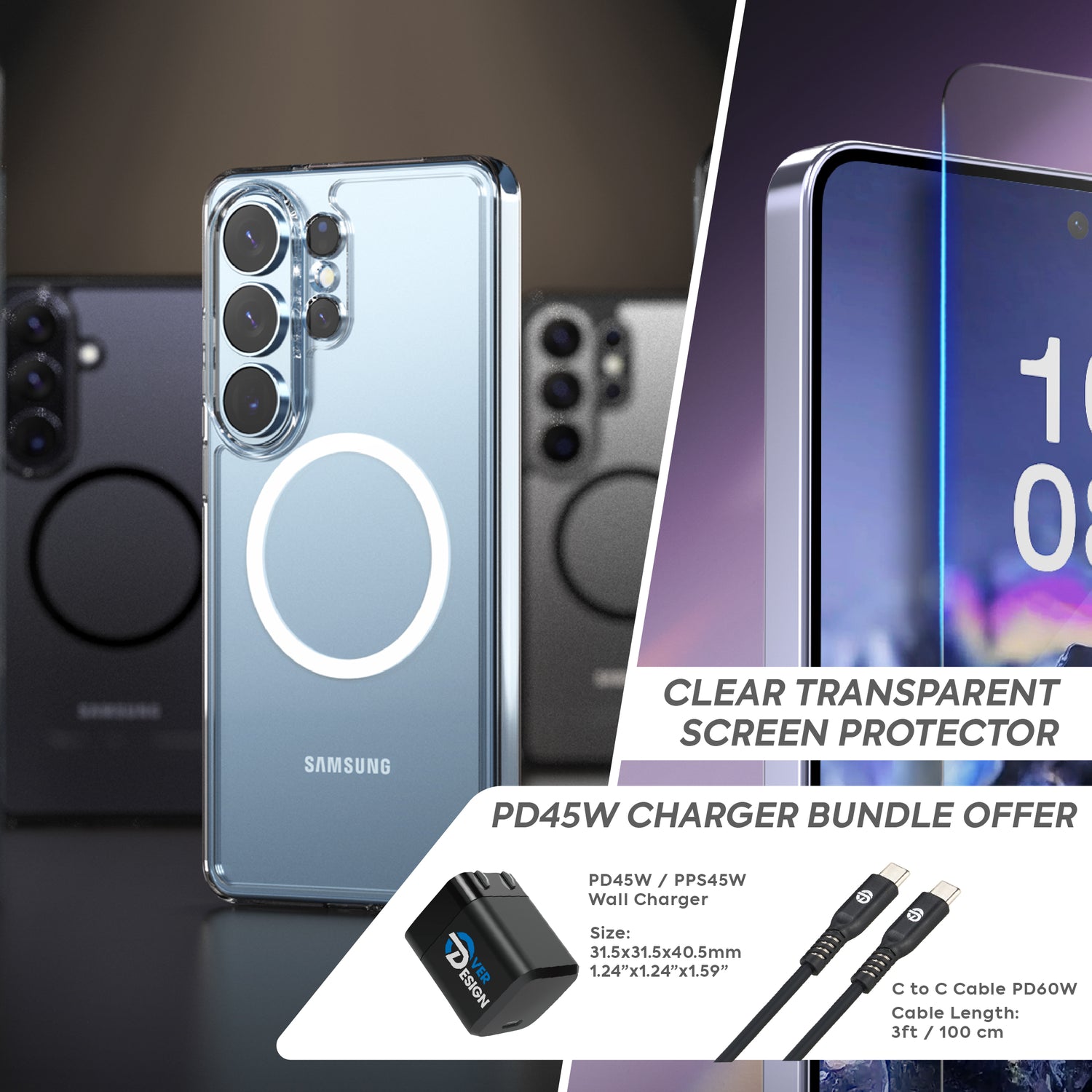 BUNDLE - Galaxy S26 Series Duple M | Phone Case + Screen Protector Clear + Lens Protector + PD45W Wall Charger