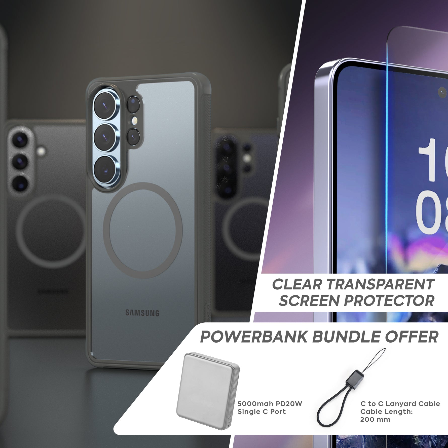 Samsung phone with clear screen protector and power bank bundle offer on a dark background