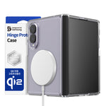 Araree DUPLE 360 M clear case for Samsung Galaxy Z Fold 8 with black magnetic ring and MagSafe charger, shown with retail box