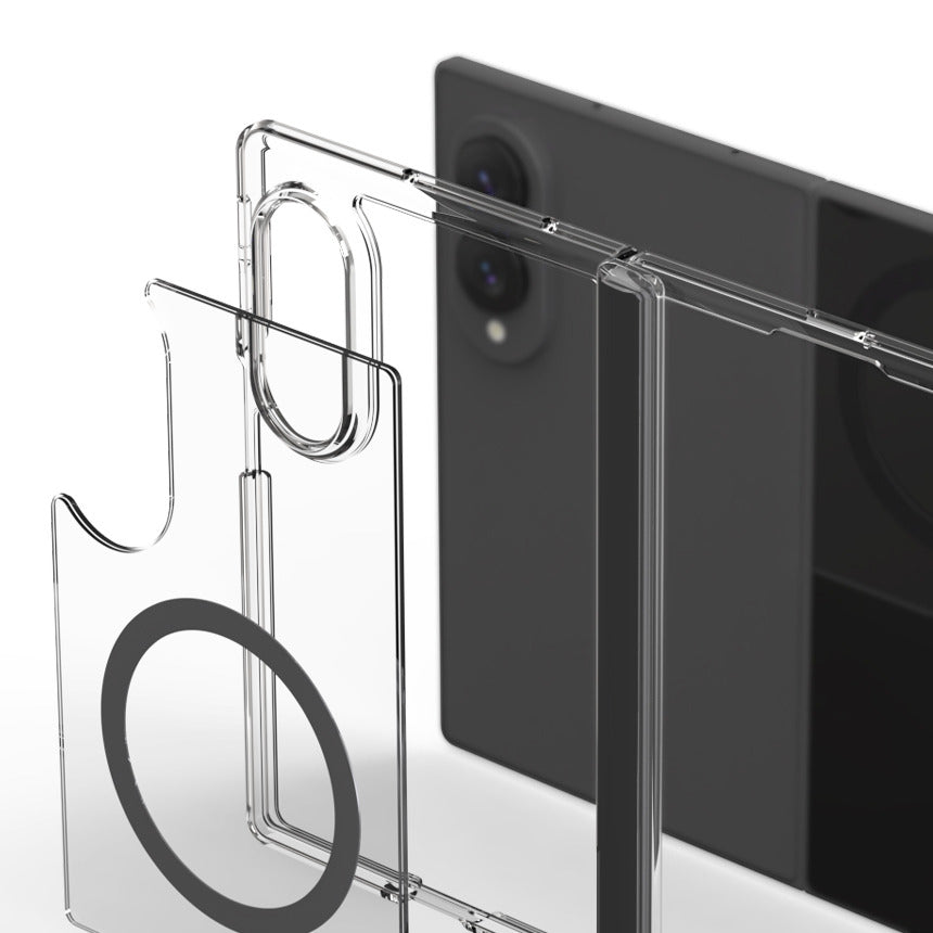Exploded view of the two-piece clear DUPLE 360 M case for Galaxy Z Fold 8 with magnetic ring